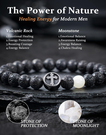 Landorilo Gifts for Men, 8mm Cross Natural Stone Beaded Bracelets, Volcanic Rock Healing Bracelet, Handmade Mens Jewelry Gift for Him, Husband, Son, Father, Friend(To My Son-8.3in)