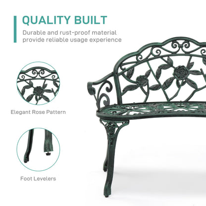 Outvita Outdoor Bench, 38"" Cast Aluminum Garden Bench Anti-Rust Weather Resistant Patio Bench Rose Pattern Bench for Front Porch, Backyard, Lawn, 1, Green