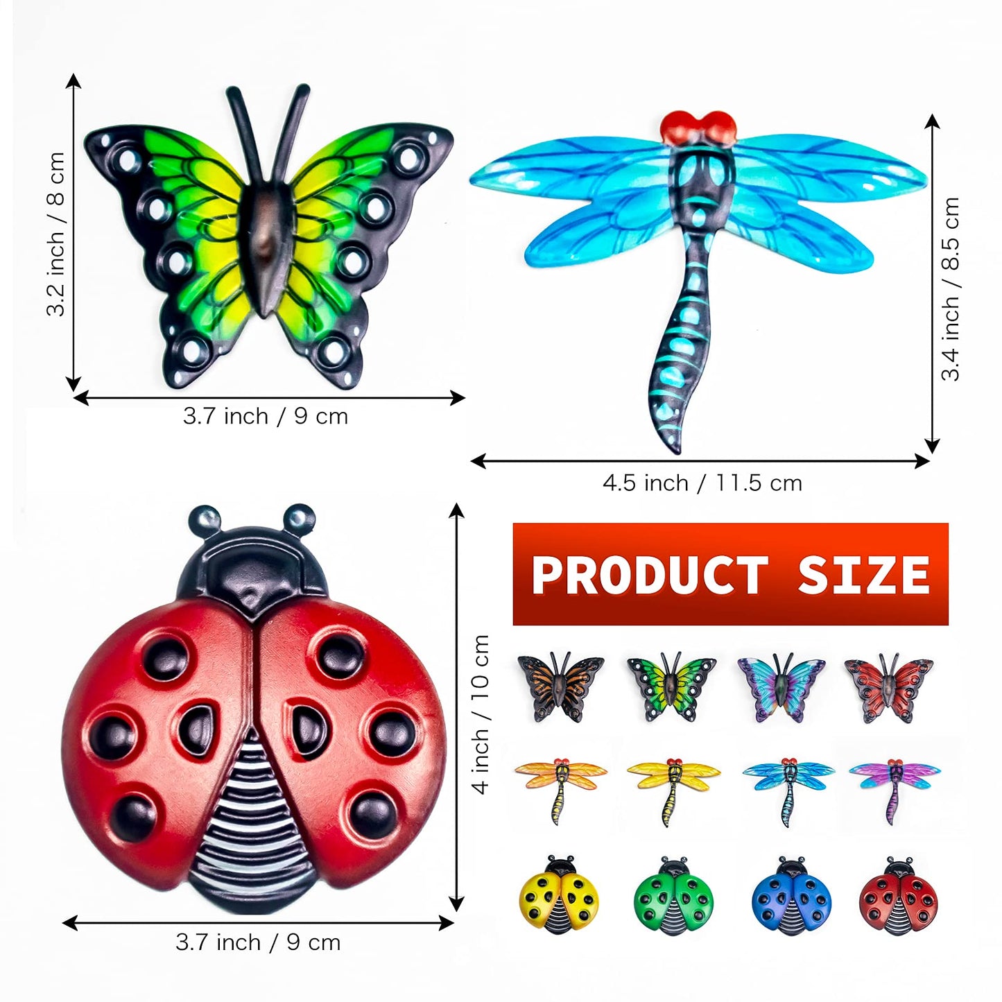 foxany Metal Butterfly Wall Decor, 4 Butterflies and 4 Dragonfly, 4 Ladybugs Wall Decor Sculpture, Hanging Outdoor Garden Fence Art for Patio, Backyard, Home, Farmhouse, Set of 12