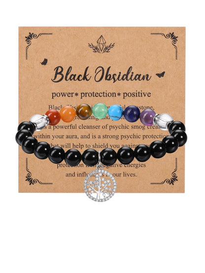 MANIFO Black Obsidian Chakra Crystals Bracelet for Women Healing Crystal Bracelet Natural Gemstone Beaded Bracelets with Life Tree Charm Jewellery Valentines Christmas Gifts