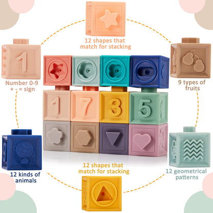 3 Set Montessori Toys for Babies Soft Baby Stacking Cups Toy Silicone Ring Baby Stacking Blocks for Toddlers 6 to 12 Months Sensory Building Blocks with Number Fruit Shape Toddler Gifts for Christmas