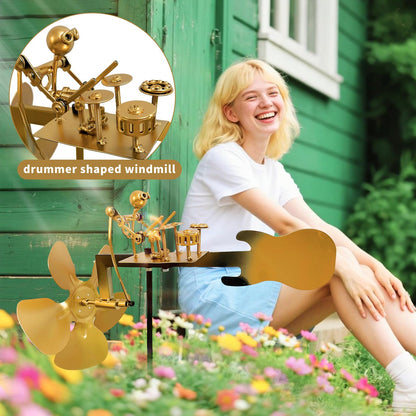 Handmade Metal Drummer Windmill, Rock Art Sculptures, Wind-Powered Kinetic Figurines, Wind Spinners for Garden Yard Lawn Patio Decor, Unique Drummer Statue Gift for Music Lovers