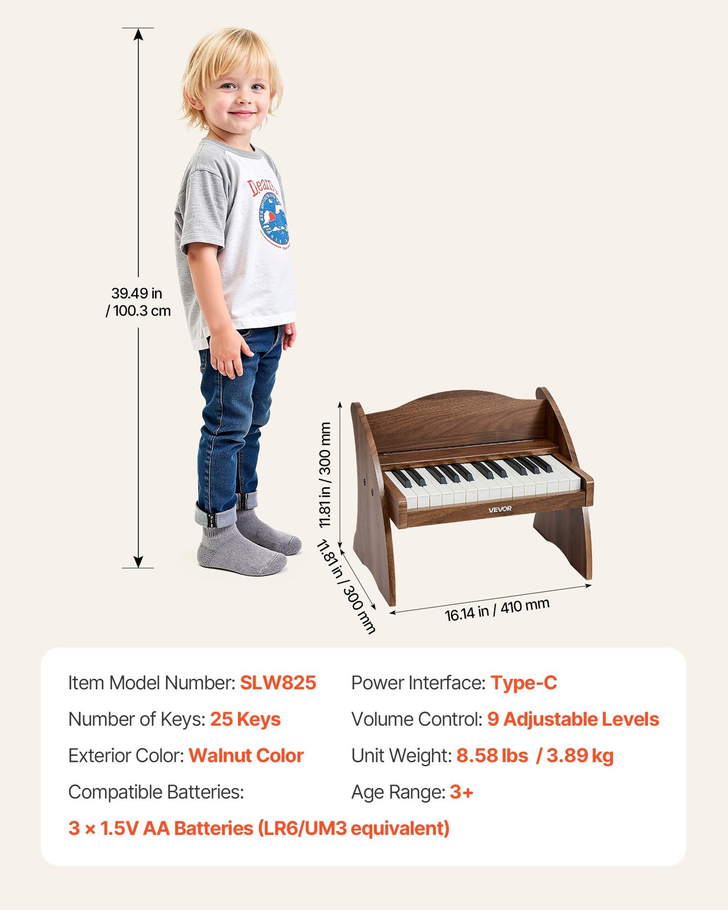 VEVOR Kids Piano Keyboard, 25 Keys Wooden Digital Piano for Kids, Mini Music Educational Instrument Toy with Realistic Sound, Dual Power, Adjustable Volume for Toddlers, Boys Girls Learning, Walnut