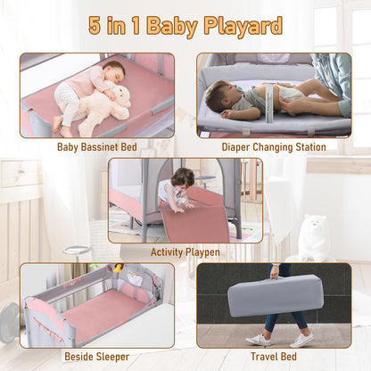 Jaoul 5 in 1 Baby Crib, Bassinet Beside Sleeper, Pack and Play with Bassinet and Changing Table Portable Travel Baby Playpen with Toys & Music Box, Mattress for Girl Boy Infant Newborn Pink