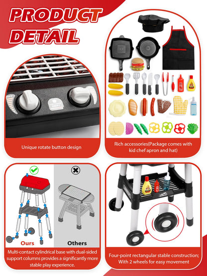 Kids Kitchen Toy Barbecue Grill Playset Cooking Interactive Toys with Smoke Sound Light Simulation Chef Apron Hat Little Chef Pretend Play Accessories Christmas Birthday Gift for Boys Girls