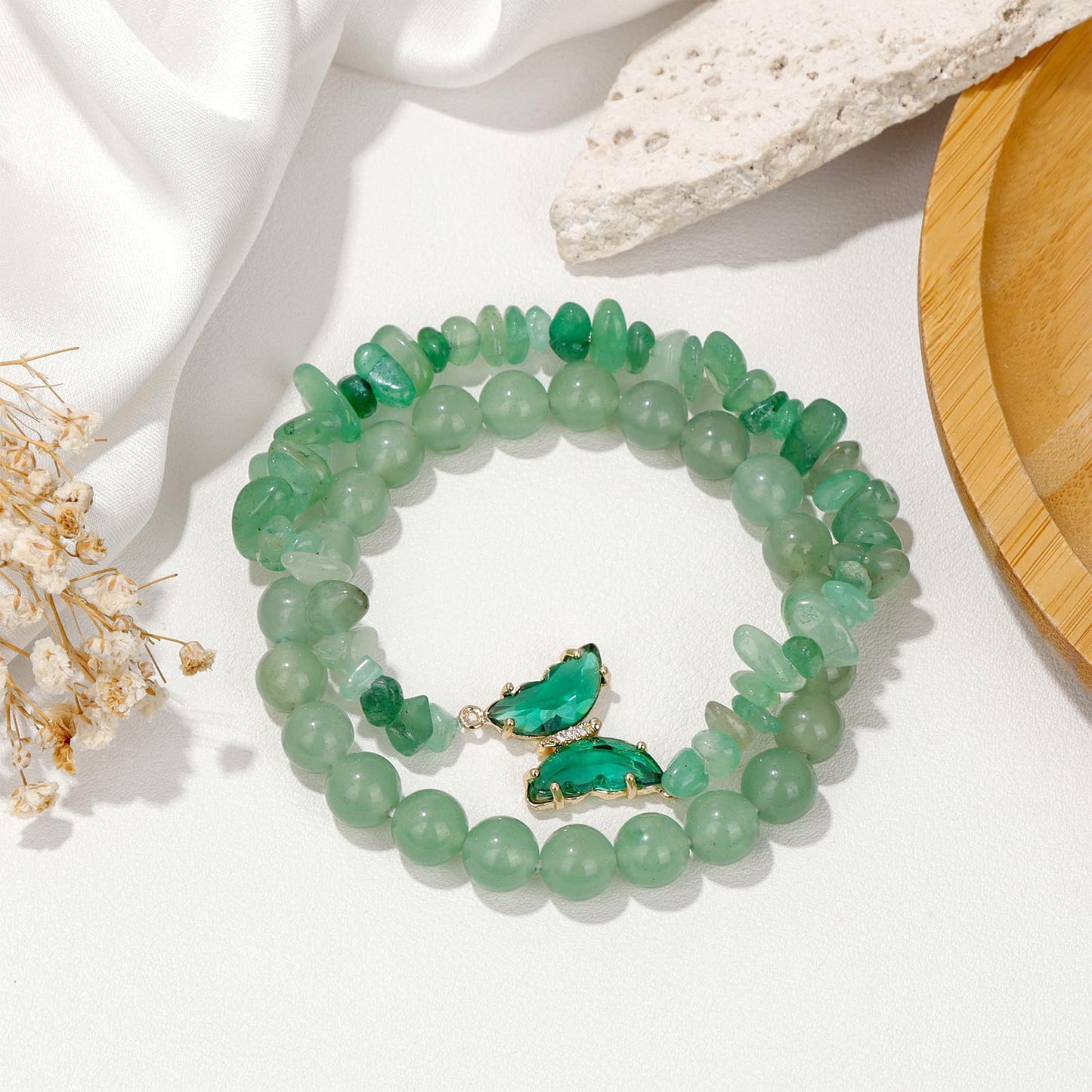 GolbalJew Green Aventurine Bracelet for Women Healing Crystal Stone Bracelets Green Beads Stretch Bracelet Butterfly Charms Jewelry Women Gift