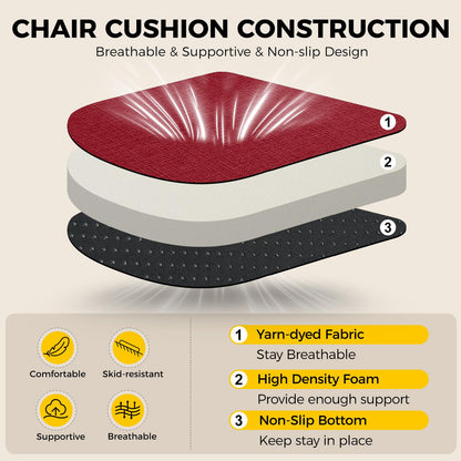 downluxe Indoor Chair Cushions for Dining Chairs, Soft and Comfortable Textured Foam Kitchen Chair Pads with Ties and Non-Slip Backing, 16" x 16" x 2", Red, 4 Pack