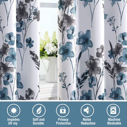 H.VERSAILTEX 100% Blackout Curtains 84 inch Length 2 Panels Set Cattleya Floral Printed Drapes Leah Floral Thermal Curtains for Bedroom with Black Liner Sound Proof Curtains, Grey and Blue