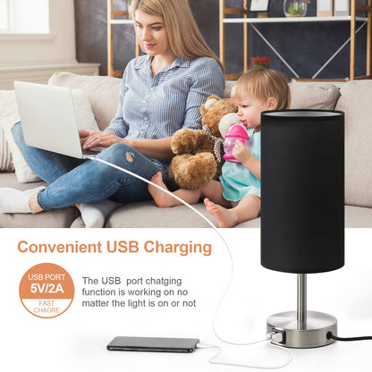 Bedside Lamp with USB Port - Touch Control Table Lamp for Bedroom Wood 3 Way Dimmable Nightstand Lamp with Round Black Shade for Living Room, Dorm, Home Office (LED Bulb Included) (Blacl2)