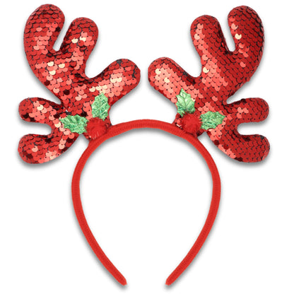 Needzo Color Changing Sequin Christmas Antler Headband, Reversible Red and Silver Sequins with Mistletoe, Festive Holiday Party Accessory, One Size Fits Most