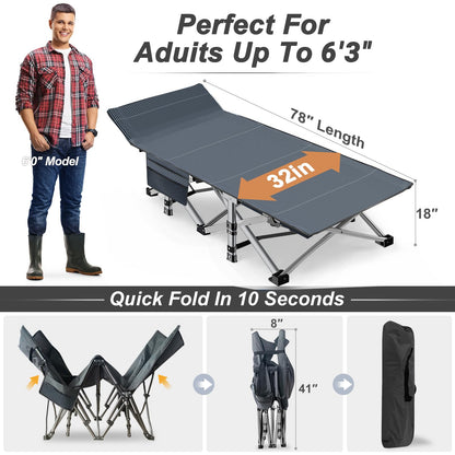 ABORON XXL Camping Cot for Adults, Oversized 78"×32" Folding Camping Bed, 900LBS Heavy Duty Outdoor Sleeping Cot with Mattress Pad, 1200D Oxford, Portable with Carry Bag