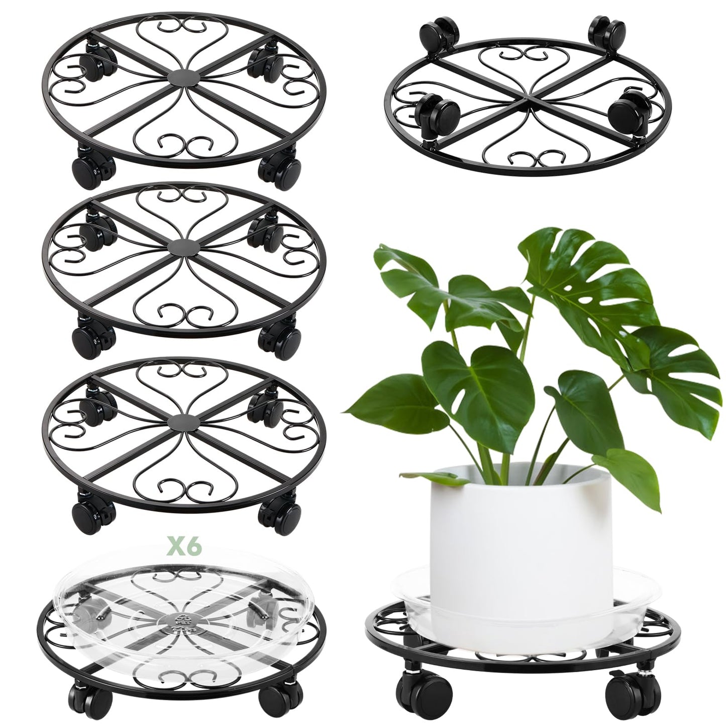 lucpur 6 Pack Metal Plant Caddy with Wheels, 12 Inch Plant Stand with Wheels Heavy Duty Wrought Iron Rolling Plant Caddy Plant Dolly Plant Rollers Plant Cart Large Plant Mover