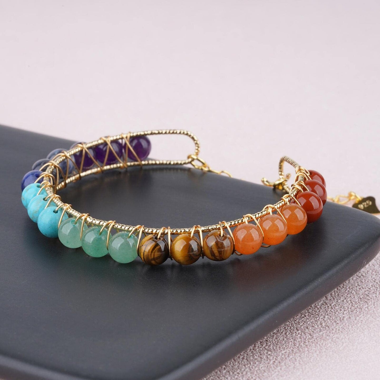 ASGIFT 7 Chakra Bracelet Adjustable 14K Gold Wire Wrapped Gemstone Beads Bracelet Natural Crystal Stone Yoga Meditation Bracelets Jewelry Gift for Women