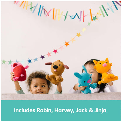 Sago Mini Plush Gift Pack, 4 Stuffed Animals with Transforming Cardboard Playhouse, Pretend Play Kids Toys for Boys & Girls Ages 3 and up