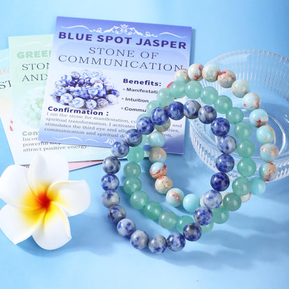 CMBYN 3-Pieces 8mm Natural Crystal Gemstone – ﻿Agalmatolite Jasper, Blue Spot, Green Aventurine Handmade Reiki Energy Healing Stretch Bracelets Jewelry for Yoga, Meditation, Unisex