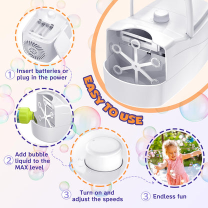 Bubble Machine, Automatic 18000+ Per Minute Big Bubbles Blower Maker for Kids Toddlers with 2 Speeds,6 Wands,Operated by Plugin or Batteries for Outdoor/Indoor Birthday Parties,Wedding (White)