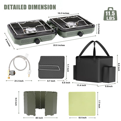 Hisencn Camping Stove,2 Burner Propane Camping Stove with Windscreen,30,000 BTU Portable Propane Stove with Carry Bag,Outdoor Cooking Stove set for Camping Gear,RV Essentials,Camp Gifts for Man,Green