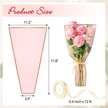 Mauproy 50 Pack Pink Flower Bags for Bouquets, 17.8 x 11.2 Inches Plastic Flower Sleeves Clear Front Floral Wraps with Ribbons for Mother's Day Florist Packaging Supplies