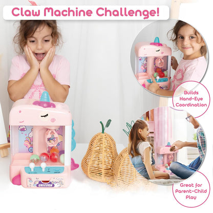 Claw Machine for Kids - Mini Arcade Game - Vending Machine - Candy Grabber Toys - Silent Mode, Lights, USB - Plush Toys & Easter Eggs, Surprise Stickers - Fun Gift for Kids, Boys & Girls (Unicorn)