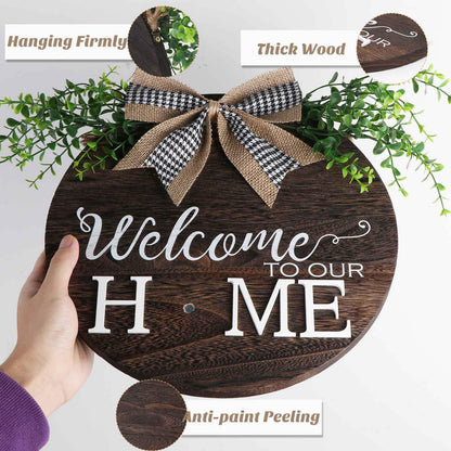 Yonuni Interchangeable Welcome to Our Home Sign, Equipped with 16 Replaceable Icons, Farmhouse Front Door Signs Wooden Wreath Suitable for All Seasons Holiday Halloween Christmas (12x12 Inch)