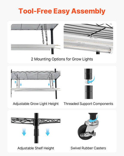 VEVOR Indoor Greenhouse with Grow Light, 59 in Tall 4-Tier Plant Stand with Clear Cover, Timer & Hygrometer, 180W Full Spectrum Grow Lights, Metal Lighted Plants Shelf Holder for Indoor Plants