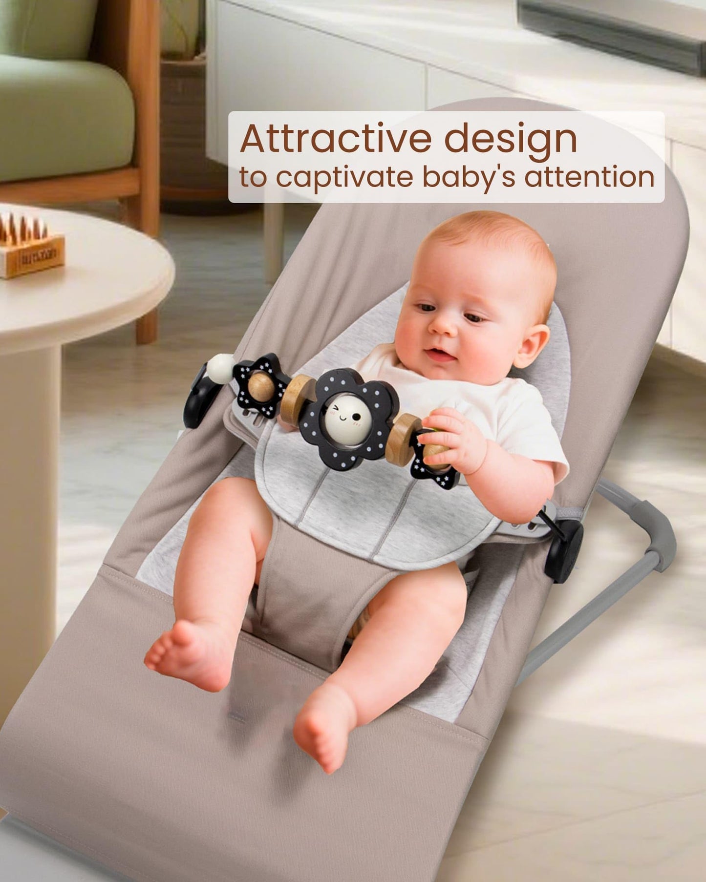 TinlyFinly Baby Bouncer Toy Bar Wooden Compatible with Baby Bjorn Bouncers, Bouncer Toy Attachment Tight and Secure Fit, So Fun to Watch, Touch and Spin for Babies All Ages (Black and White Flower)