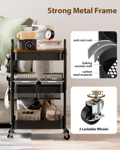 ALVOROG Rolling Cart with Drawer and Wood Table Top, 3 Tier Metal Rolling Utility Cart on Wheels with DIY Pegboards, Hanging Baskets, Hooks for Bedroom,Office,Craft Supplies (Black)
