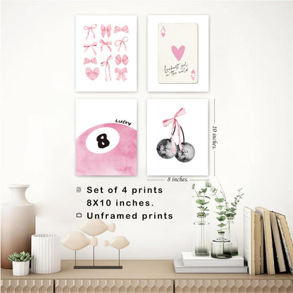 okaxscm Pink Coquette Trendy Preppy Wall Art Prints Set of 4, Coquette Room Decor, Preppy Room Decor Aesthetic, Pink Bow Disco 8 Ball Cherry Wall Decor Posters for Girls Bedroom Dorm, 8x10 Unframed