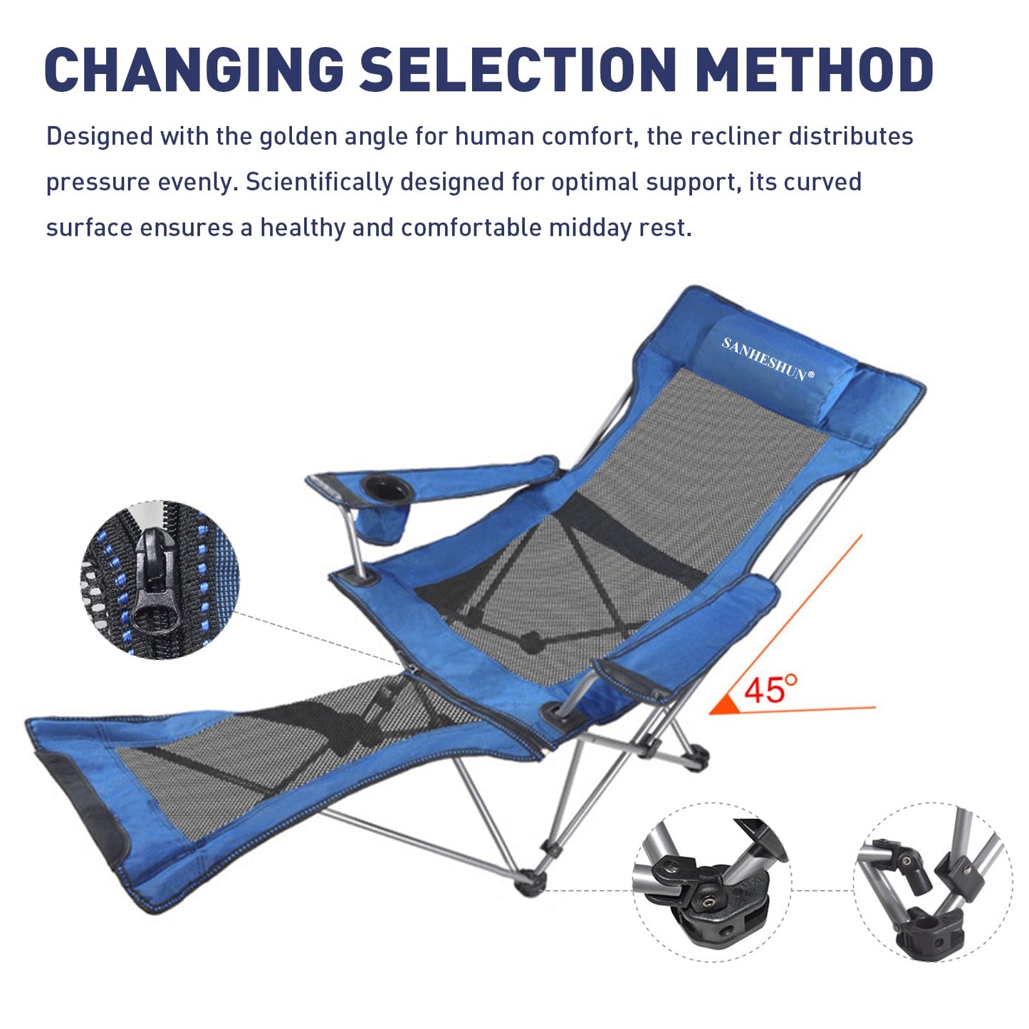 sanheshun Zero Gravity Chair, Reclining Camping Chair with Padded Pillow, Cup Holder, Storage Pocket & Carry Bag, 4-in-1 Portable Camping Recliner for Outdoor, Beach, Garden, and Backyard - Blue Mesh