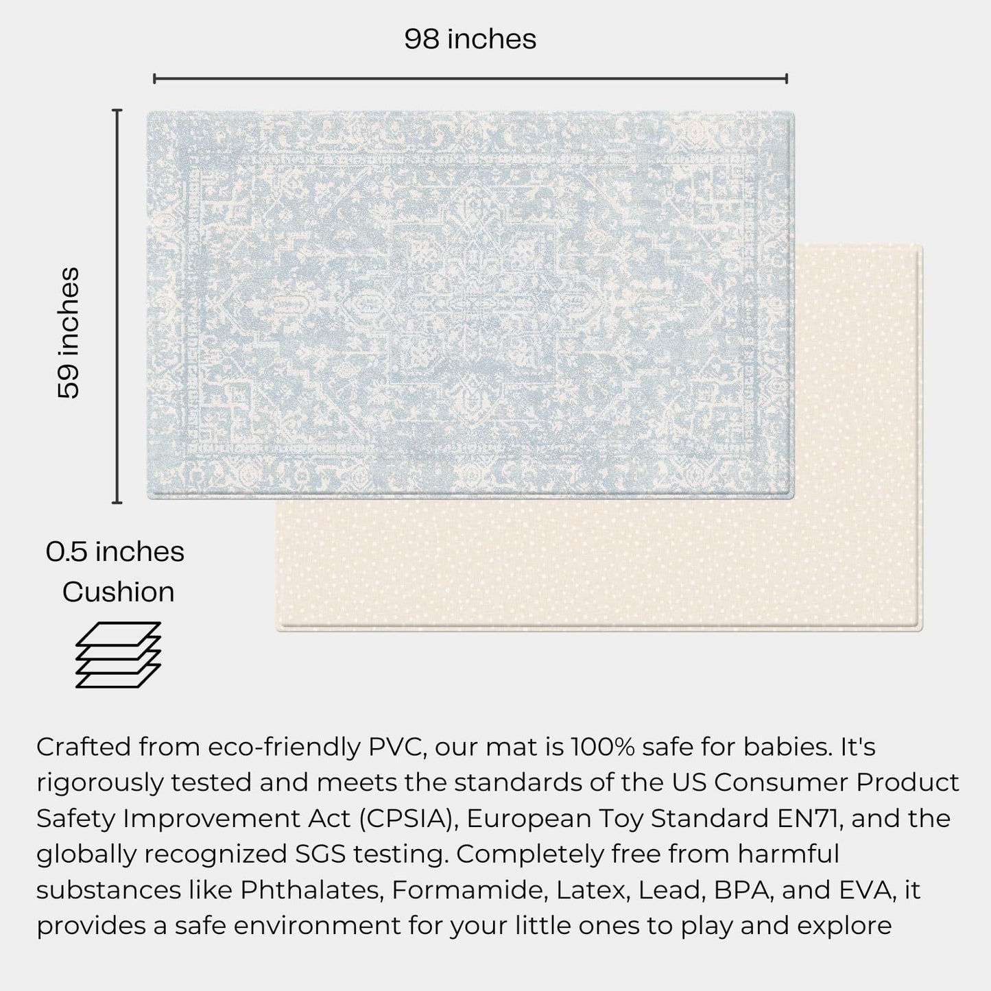Baby Care Soft Rug (Prestige, Ikat - Inca Blue) 98'' x 59'' Original One-Piece Reversible Rollable Waterproof Play Mat for Infants, Babies, Toddler, and Kids