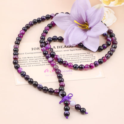 AD Beads 8mm 108 Prayer Mala Purple Stripe Agate Elastic Bracelet - Peace and Tranquility - Handmade Yoga Meditation Healing Power Energy Gifts for Unisex Adult.