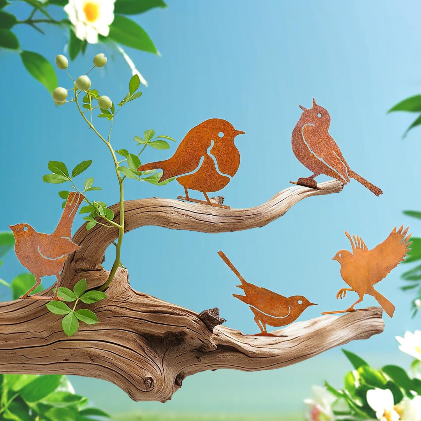 Rusty Birds Decoration Rustic Metal Yard Decor - 5 Pcs Sculpture for Wall & Garden Stakes