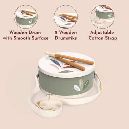SPEEDY MONKEY Wooden Kids Drum Set for Musical Play | Toddler Percussion Toy with Adjustable Strap & 2 Drumsticks | Supports Rhythm, Creativity & Early Learning for Kids Ages 3+