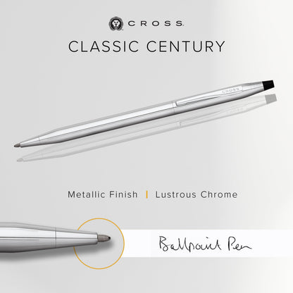 Cross Classic Century Lustrous Chrome Ballpoint Pen - Refillable Pen for Effortless Writing - Black Ink - Durable Construction - Premier Distinctive Look - Gift-Ready