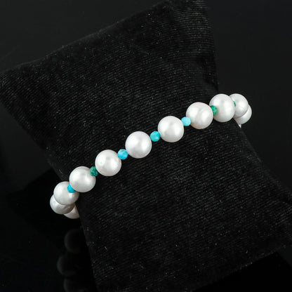 CRYSTALIS Natural Turquoise And Freshwater Pearl Beaded Bracelet, Elegant Beads Crystal, Chakra Bracelet, Healing Bracelet, Gemstone Jewelry, Friendship Bracelet, 925 Sterling Silver Slider 10 inch