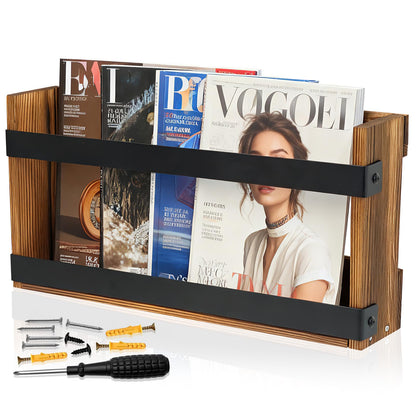 Dojomadf Wood Magazine Rack Wall Mounted & Wall Magazine Rack, Pine Wood Black Metal Wall Magazine Holder for Magazines, Books, Mountable or Freestanding Organizer