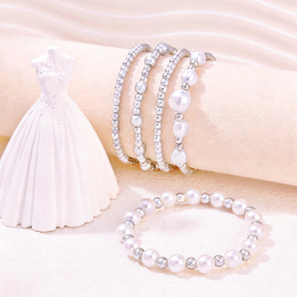 YAKEWA Gold Silver Beaded Bracelets Pack For Women, Adjustable Stretch Pearl Bead Ball Bracelet Stack Set Jewelry Small Gifts For Teen(Silver)