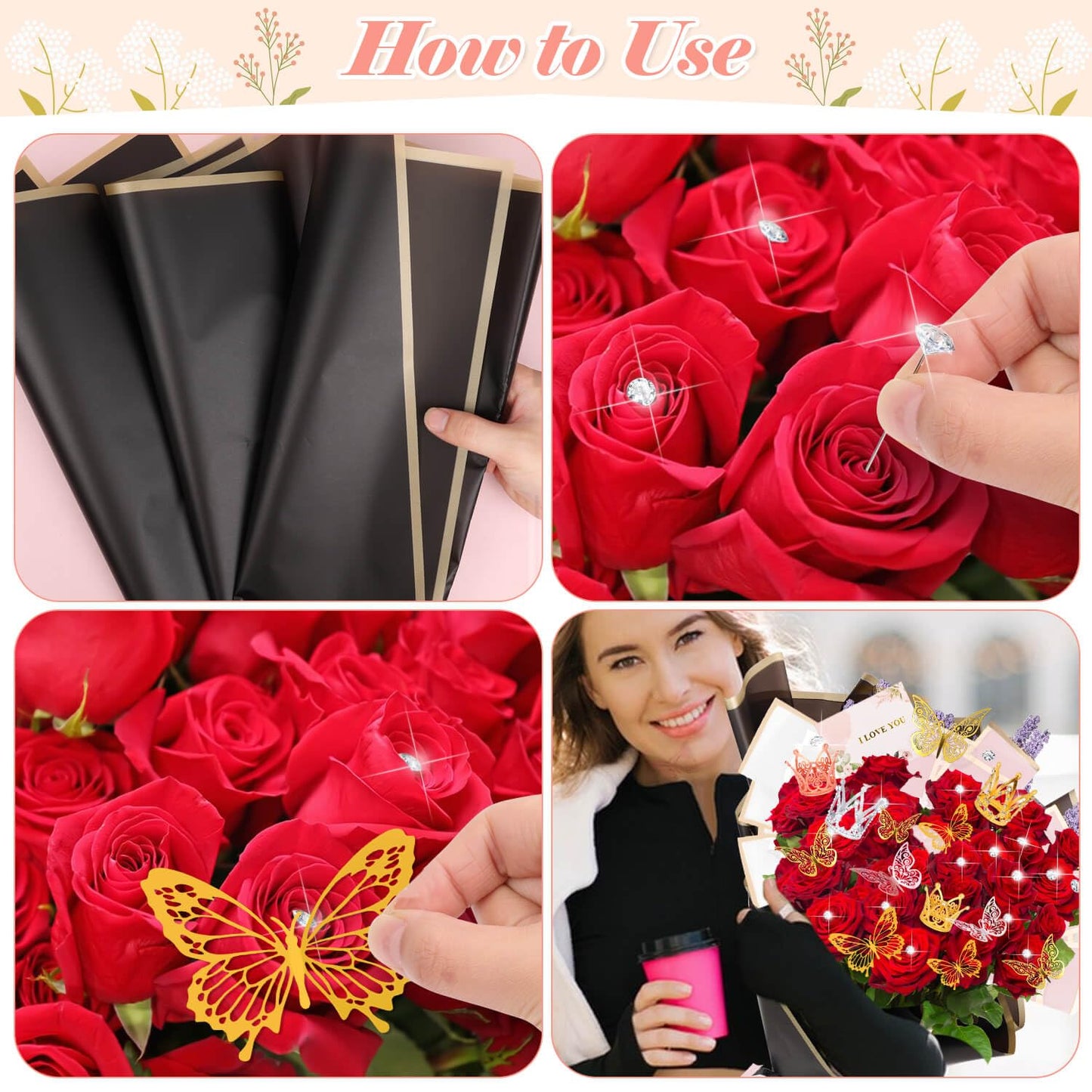 Tetutor 366 pcs Flower Bouquet Wrapping Paper,Waterproof Flower Floral Wrapping Paper Bouquet Sheets With Ribbons Pins 3D Butterflies and Crowns for Florist Wrap