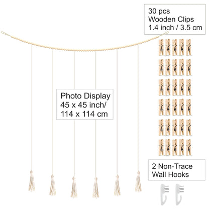 BIZYAC Hanging Photo Display with Clips Wall Boho Decor Beads Garland - Sculptural Picture Frames Collage - 30 Clothespins - 2 Non-Trace Hook - No Holes Drilling - 45 x 45 inch