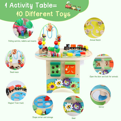 Gemileo Activity Table for 1 Year Old Montessori Educational Learning Toys for 1 2 Year Old Girls Boys Toddlers Baby 12-18 Months 1st First Birthday Gifts 10 in 1 Wooden Bead Maze Sensory Center Toys