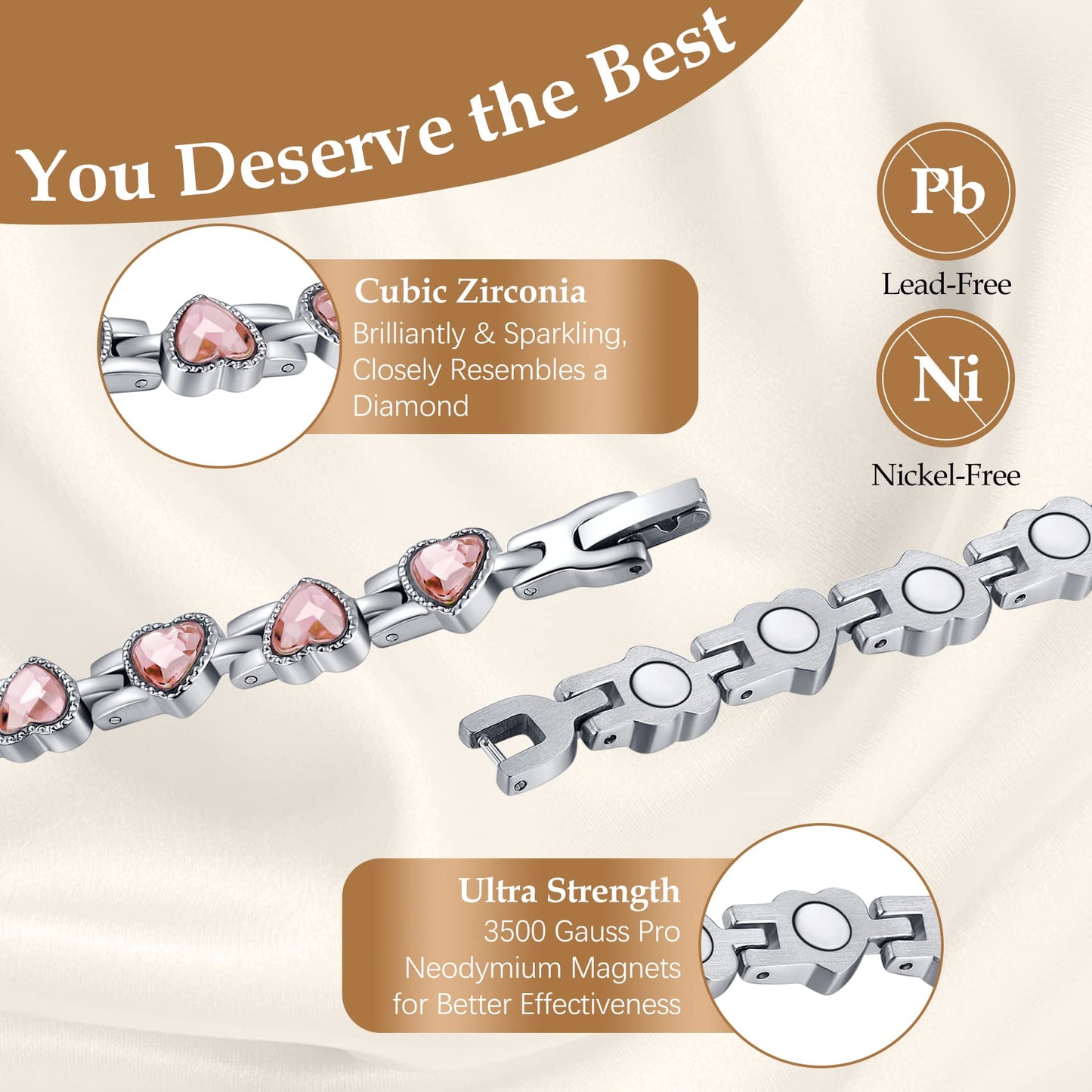 Feraco Magnetic Bracelet for Women Titanium Steel Magnetic Bracelet with Neodymium Magnets & Sparkling Crystals, Christmas Jewelry Gifts (Pink)