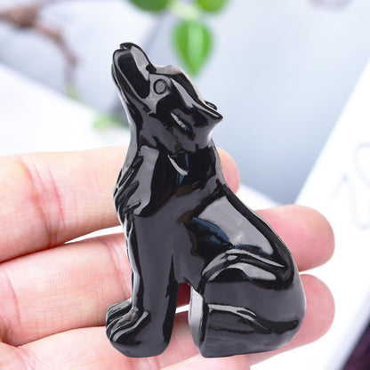 Ytbeoxk 2.1 Inch Black Obsidian Wolf Crystal Statue，Birthday Present Healing Crystal Decor，Wolf Totem Figurines Stone Energy Gemstones, in Bedroom Office Christmas Meditation Gifts for Men Gril Women