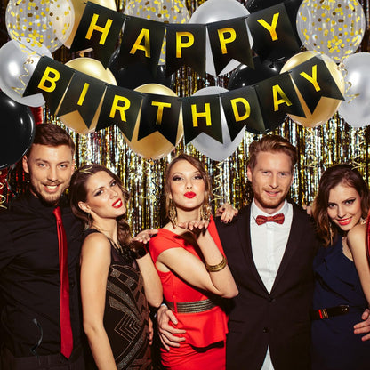 Happy Birthday Banner, Black Gold Birthday Decoration, 16 Pcs 12in Balloons with 2 Ribbons for Men Women Girls and Boys Party Decoration