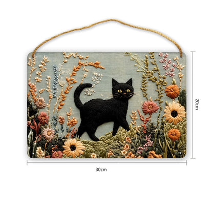 CDSASHCA Embroidered Black Cat In Flowers Wooden Sign 12x8 Inch, Charming Pet Wood Wall Art for Living Room, Rustic Farmhouse Wall Decors, Ideal for Cat Lovers & Nature Enthusiasts