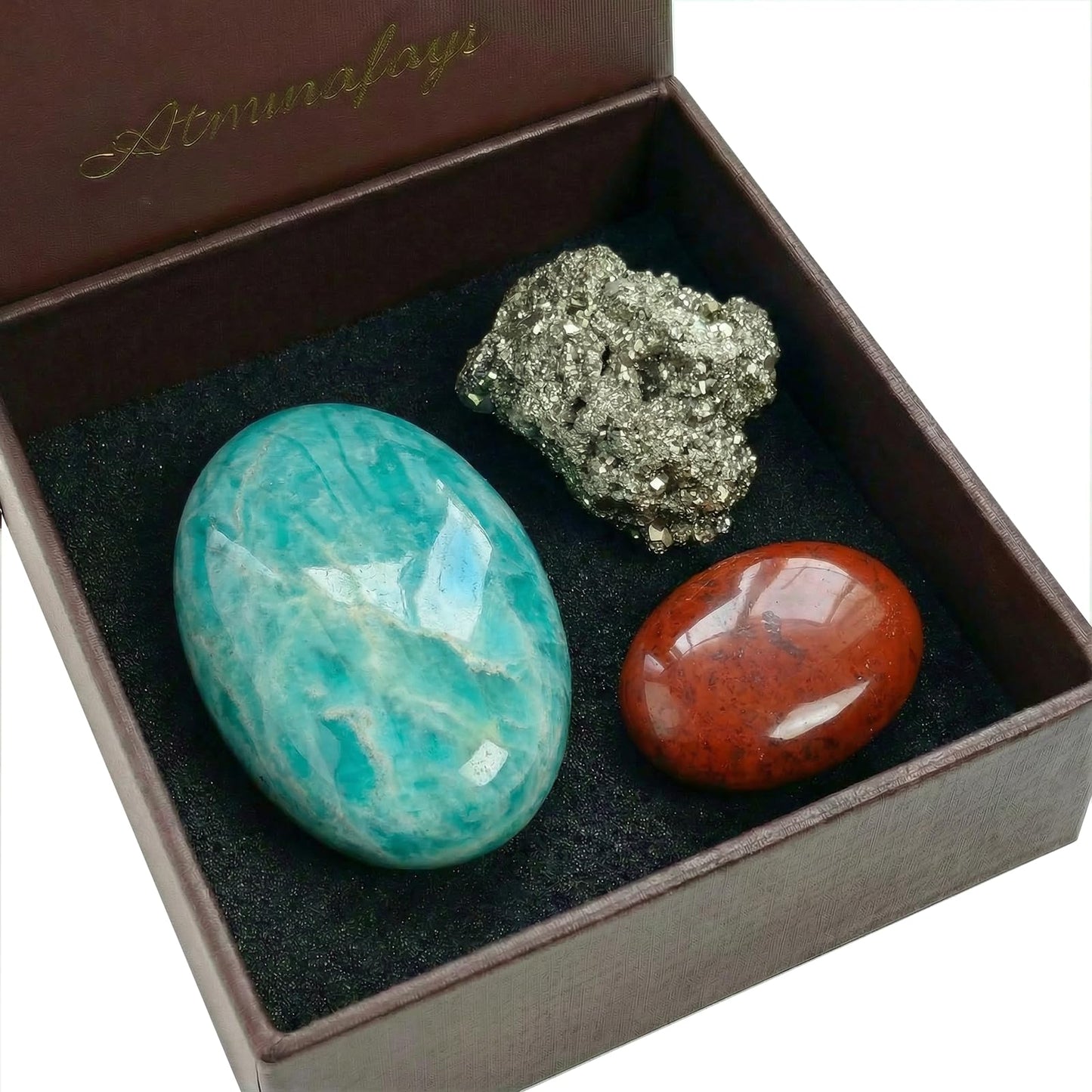Atminafays Abundance Healing Crystal Set for Success & Good Luck -Large Amazonite,Raw Pyrite, Red Jasper for Yuga & Meditation, Travel Protection, Gift Set with Guidebook & Velvet Pouch