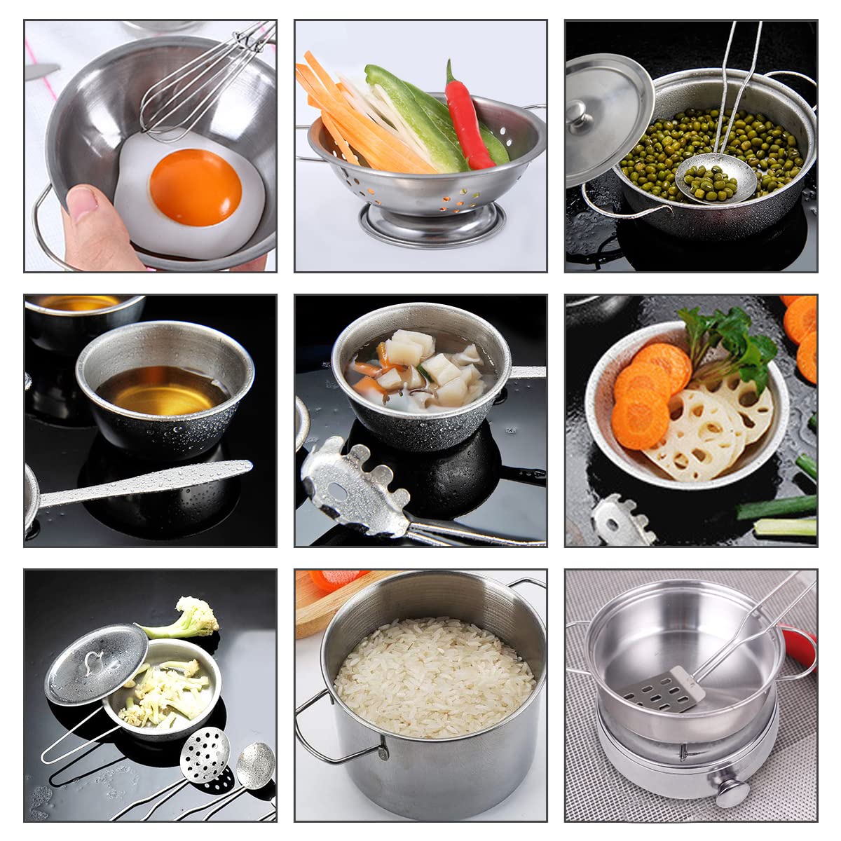 TekkPerry Kids Kitchen Pretend Play Toys, Cooking Toys Play Pots and Pans Set for Kids, 21pcs Small Stainless Steel Kitchen Cookware Kits Toys, Cookware Playset for Girls, Boys