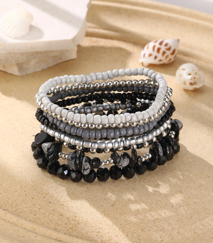 Noessla Boho Beaded Bracelets for Women Stackable Irregular Natural Stone Bead Stretch Bracelet Set 8PCS Costume Jewelry Gifts for Her(Black Grey)