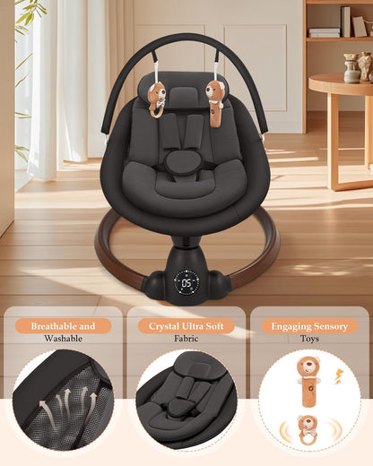 Baby Swing for Infants, Electric Baby Swing with Bluetooth, Portable Infant Swing with 5 Speeds, 10 Lullabies, 5-Point Harness & Remote Control, for Newborns Infants Indoor Outdoor Use (Black)