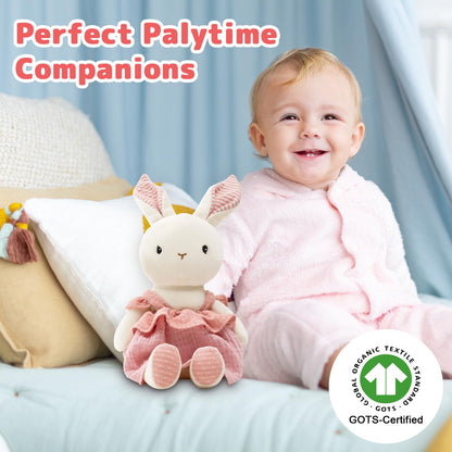 CUDDLE CORNER Bunny Stuffed Animal Organic Cotton Baby Plush Toys, 9" Organic Cotton Plush Bunny Toy with Dress, Cute Soft Stuffed Rabbit Doll for Babies and Toddlers