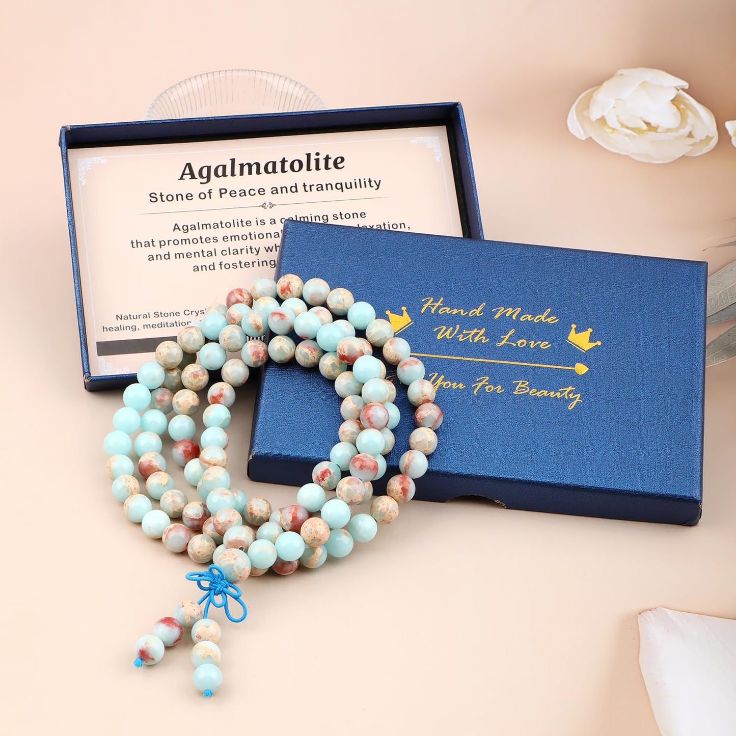AD Beads 8mm 108 Prayer Mala Agalmatolite Elastic Bracelet - Peace and Tranquility - Handmade Yoga Meditation Healing Power Energy Gifts for Unisex Adult.